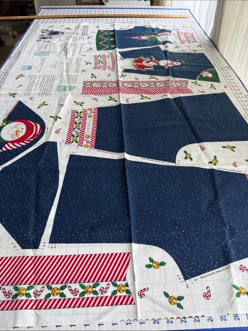 Vintage Christmas Cut & Sew Fabric Panel Snowman Jingle Bells Toddler Overalls